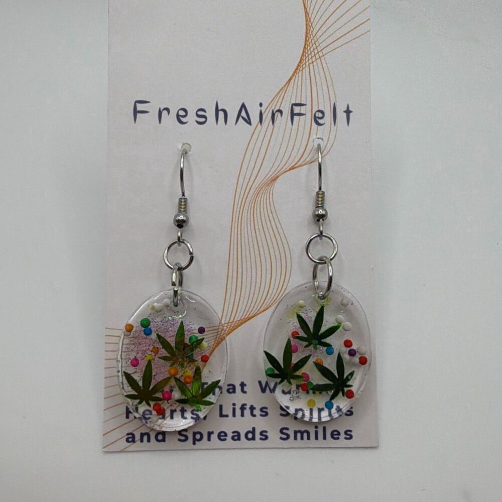Stoner, grass sparkle Unique hand crafted Resin Stainless drop steel earrings